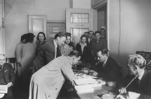 Danish refugees register in Sweden after escaping from Denmark. Sweden, after October 1943